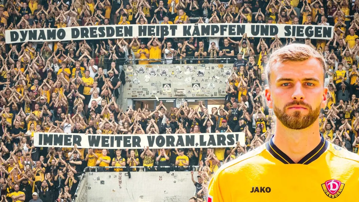 Die Fans von Dynamo Dresden grüßen Lars Bünning beim Spiel gegen Union Berlin. Zuvor war bei der Mannschaftspräsentation bei der Generalprobe für die 2. Liga eine Videobotschaft des SGD-Profis gezeigt worden. Bünning befindet sich nach einer Notoperation aufgrund einer Hirnblutung in der Reha.