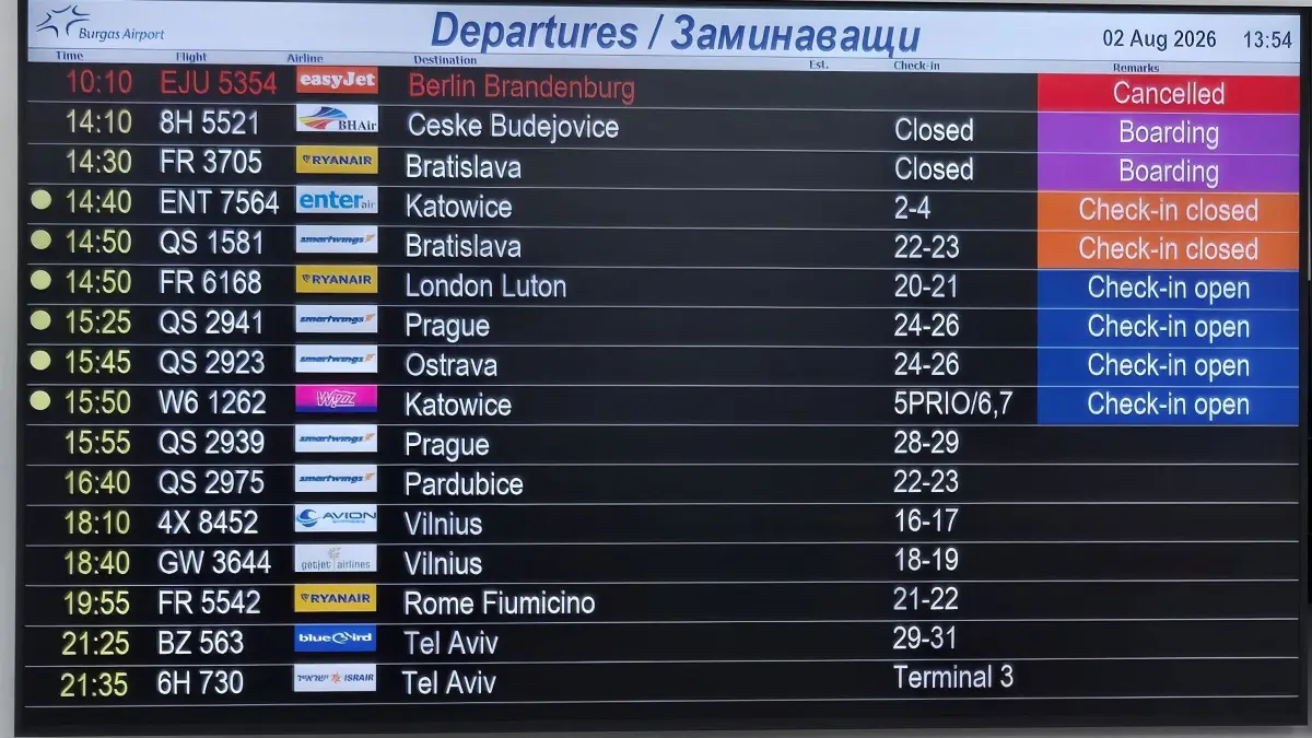 Abfluganzeige am Flughafen in Burgas, Bulgarien. Die Reisenden aus Deutschland mussten auf dem Heimweg lange Umwege in Kauf nehmen.