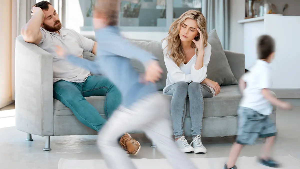 Headache, parents and children by sofa with adhd, running and impulsive behavior with motion blur at home. Family, mother and father on couch for annoyed, stress and hyper active of kids in house: Headache, parents and children by sofa with adhd, running and impulsive behavior with motion blur at home. Family, mother and father on couch for annoyed, stress and hyper active of kids in house Headache, parents and children by sofa with adhd, running and impulsive behavior with motion blur at home. Family, mother and father on couch for annoyed, stress and hyper active of kids in house., model released, , property released, , 61050608.jpg RECORD DATE NOT STATED