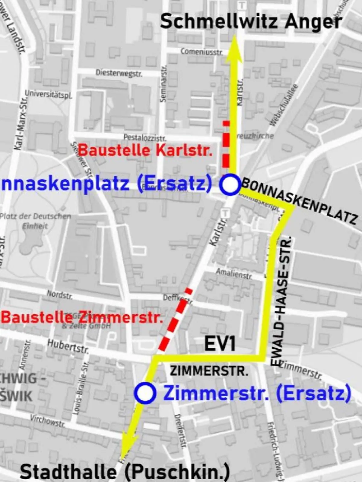 Für die Straßenbahnlinie 1 ist vom 11. bis einschließlich 14. August ein Ersatzverkehr eingerichtet.