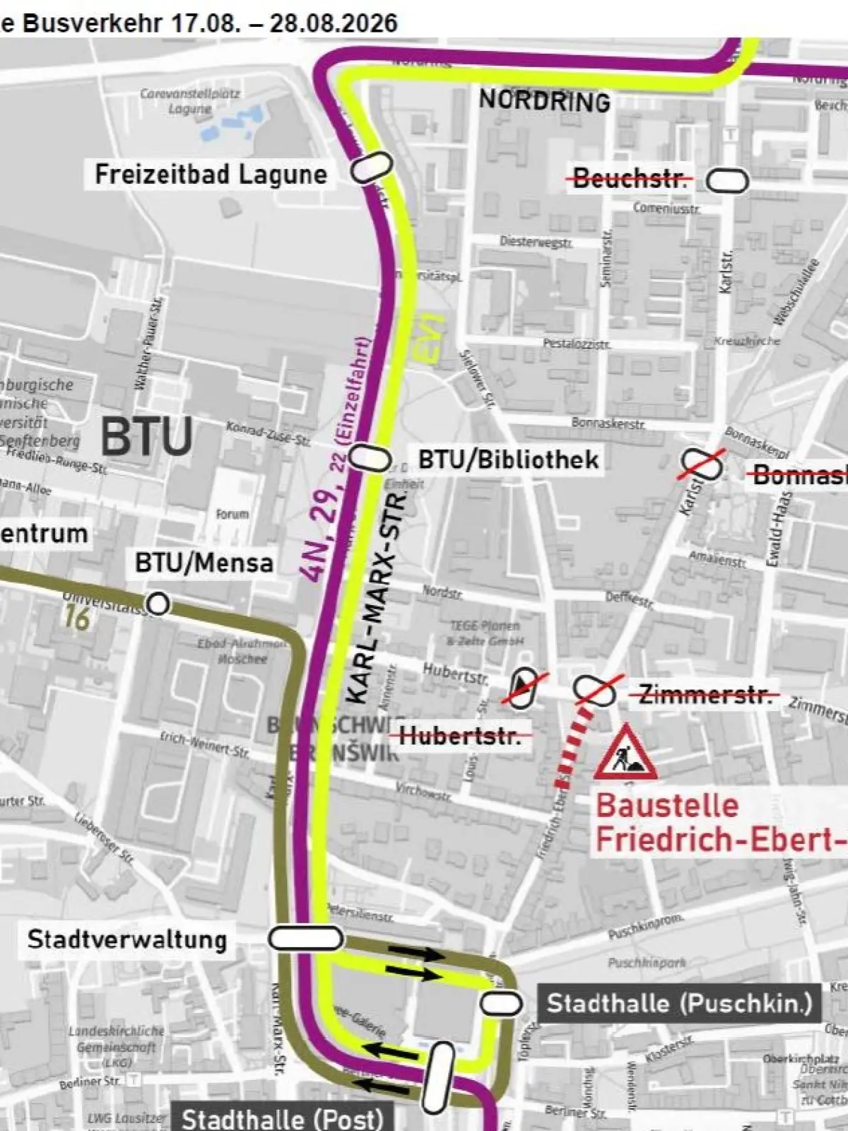Umleitungen für die Busse von Cottbusverkehr aufgrund der Bauarbeiten an der Kreuzung Karlstraße/Zimmerstraße.