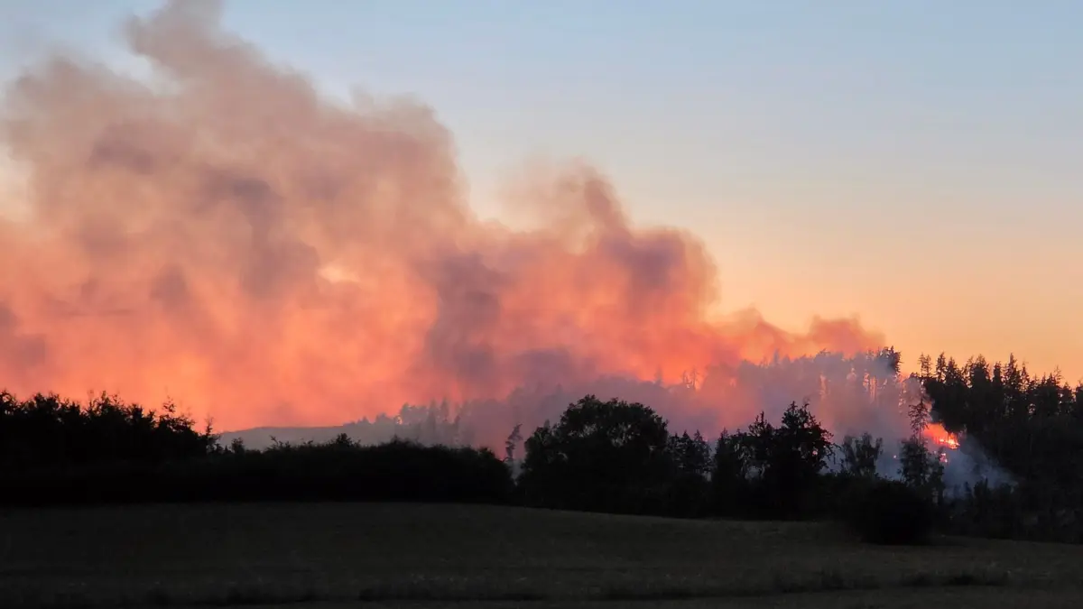Waldbrand bei Plauen: 11.08.2026, Sachsen, Plauen: Rauchwolken steigen bei einem Brand in einem Waldgebiet im Vogtlandkreis auf. Zahlreiche Feuerwehrleute sind bei dem Waldbrand im Einsatz. Foto: MIke Müller/dpa +++ dpa-Bildfunk +++