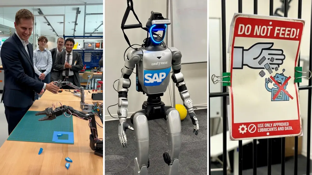 Hand in Hand mit dem Roboter: Brandenburgs Digitalminister Benjamin Grimm (SPD) zu Besuch im SAP Innovation Center Potsdam.