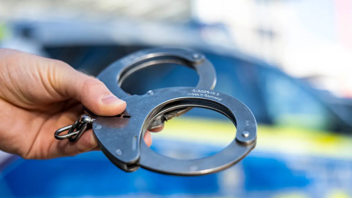 Handschellen: ARCHIV - 28.09.2021, Nordrhein-Westfalen, Gütersloh: Eine Hand hält Handschellen vor einen Streifenwagen der Polizei. (zu dpa: «Frau springt nach Angriff aus Fenster - Bruder festgenommen») Foto: David Inderlied/dpa +++ dpa-Bildfunk +++