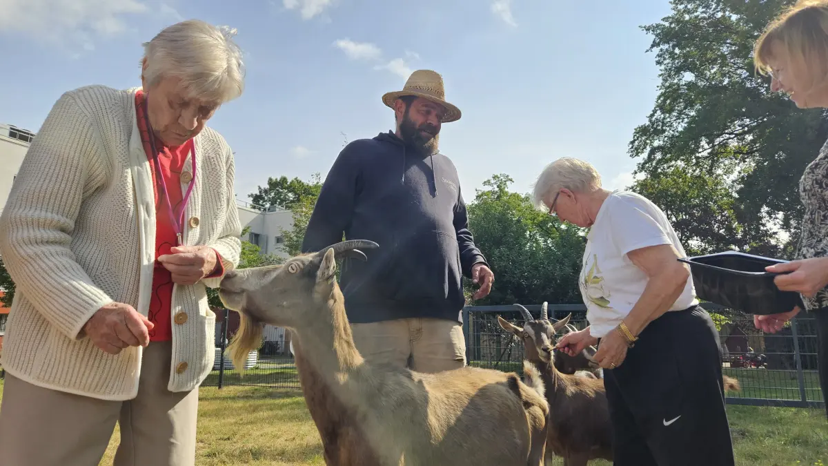 Die Bewohnerinnen des Demenzheims Klettwitz füttern gemeinsam mit Wanderschäfer Martin Bilek die Ziegen. Moritz, Oskar und Greta sind bei den Bewohnern so beliebt, dass sie nun das ganze Jahr in Klettwitz bleiben dürfen. Rechts: Pflegedienstleiterin Solveig Stepan-Grauer.