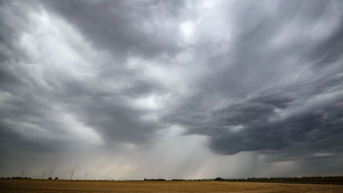 Regen, Sturm und Gewitter: ARCHIV - 19.07.2023, Sachsen-Anhalt, Lützen: Eine Regenfront zieht über ein Getreidefeld hinweg. (zu dpa: «Schauer und Gewitter möglich») Foto: Jan Woitas/dpa +++ dpa-Bildfunk +++