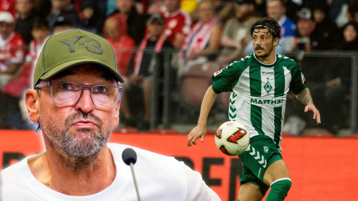 Trainer Claus-Dieter Wollitz spricht bei der Pressekonferenz vor dem DFB-Pokalspiel gegen den FC Augsburg über Angreifer Dawid Kownacki von Werder Bremen.