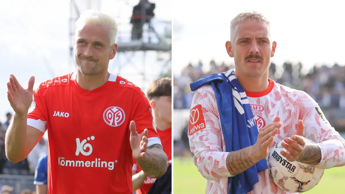 Links im Bild: Martin Zurawsky hat sich nach dem DFB-Pokalspiel gegen den FSV Mainz 05 das Trikot von Philip Tietz gesichert. Rechts im Bild: Philip Tietz geht nach seinen vier Toren mit dem Spielball und dem Trikot von Martin Zurawsky nach Hause.