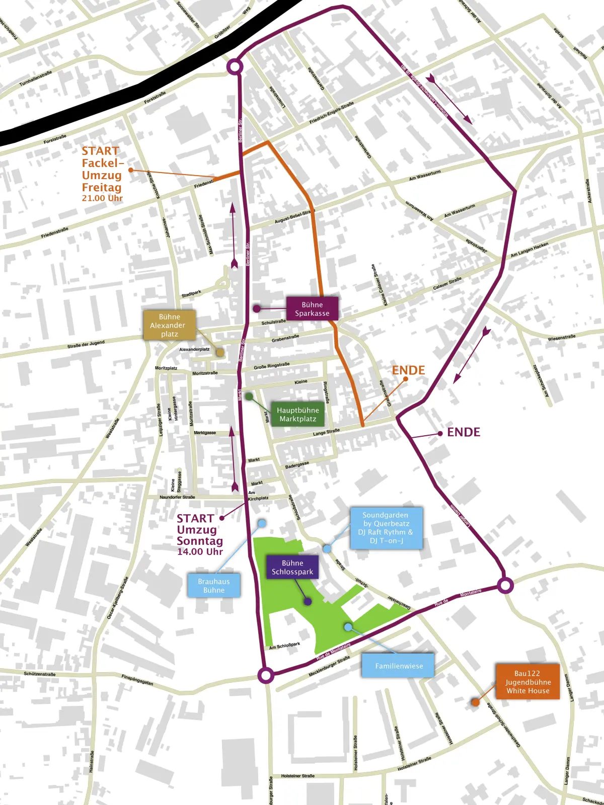 Der Festumzug zum Sängerfest 2026 in Finsterwalde startet an der Trinitatiskirche, führt bis zur großen Unterführung, dann Richtung Bahnhof und Wasserturm.