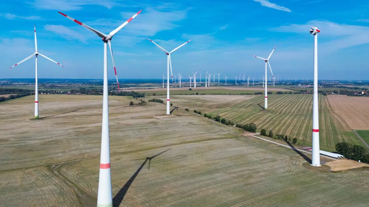 Windenergie in Brandenburg: 26.08.2026, Brandenburg, Carzig: Ein Windenergiepark im östlichen Brandenburg (Luftaufnahme mit einer Drohne). Brandenburg ist nach Niedersachsen und Schleswig-Holstein das drittstärkste Windenergieland in Deutschland. Laut dem Marktstammdatenregister (MaStR) mit Stand vom Januar 2026 sind im Land Brandenburg 4.150 Windenergieanlagen (WEA) mit einer Gesamtleistung von rund 9.550 MW installiert. Foto: Patrick Pleul/dpa +++ dpa-Bildfunk +++
