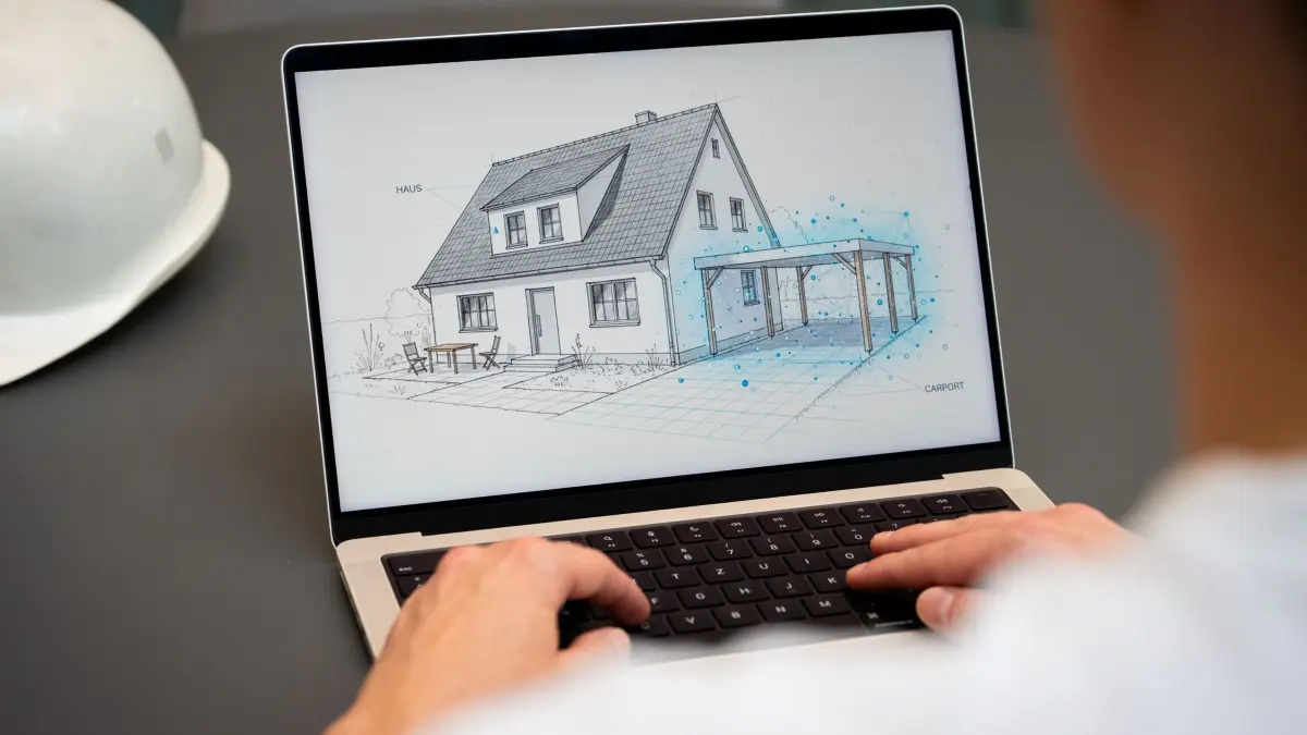 Ein Mann nutzt KI am Laptop für den Hausbau