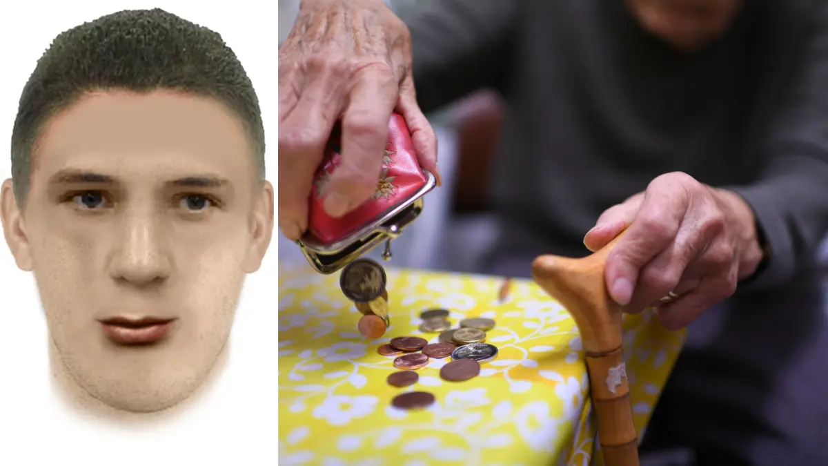 Phantombild des falschen Polizisten und eine Rentnerin, die nur noch das Bargeld in ihrer Geldbörse hat.