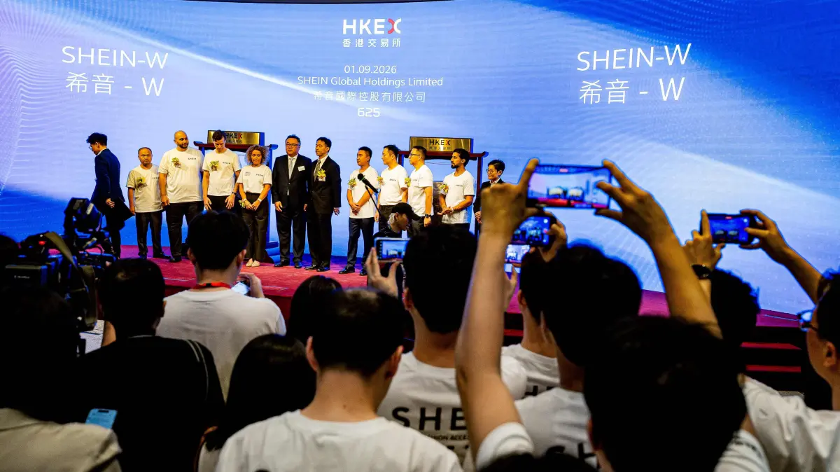HONG KONG-CHINA-STOCK-FASHION-SHEIN: The venue for Shein Global Holdings Limited's initial public offering (IPO) listing ceremony is seen at the Hong Kong Stock Exchange in Hong Kong on September 1, 2026. (Photo by Leung Man Hei / AFP)