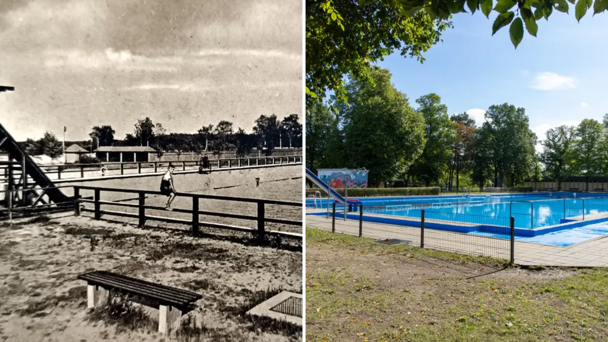 Das Sommerbad Vetschau vor 90 Jahren (l.) und heute im Jahr 2026 (r.) vom selben Standort aus fotografiert.