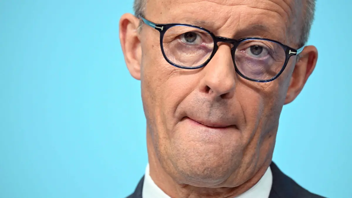 GERMANY-POLITICS-VOTE-STATE-SAXONY-ANHALT-CDU: German Chancellor and leader of Germany's Christian Democratic Union (CDU) Friedrich Merz reacts during a press conference after the party's leadership meeting in Berlin on September 7, 2026, one day after regional elections in the eastern federal state of Saxony-Anhalt. (Photo by RALF HIRSCHBERGER / AFP)