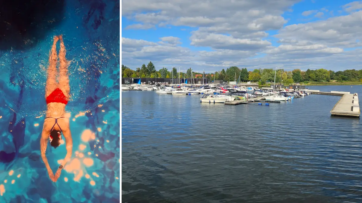 Die Tschechin Pavla Petrová will am 17. September fünf Seen im Lausitzer Seenland miteinander verbinden. Rechts ist der Stadthafen Senftenberg zu sehen, an dem die 49-Jährige starten will. Links schwimmt Petrová im Wasser.