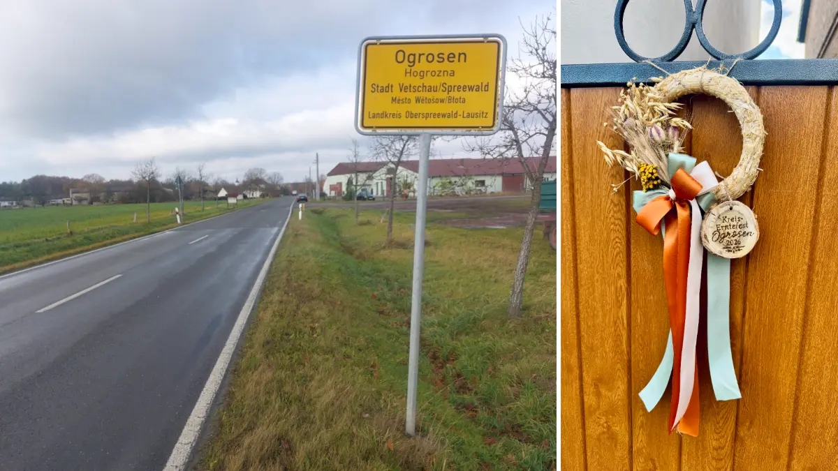 Kreis-Erntefest 2026 in Ogrosen: Die Ortseinfahrt in Ogrosen auf der L52 aus Richtung Casel kommend – rechts im Bild. Der Deko-Kranz schmückt die Grundstücke der Einwohner von Ogrosen. Viele von ihnen öffnen zum Kreiserntefest ihre Höfe – links im Bild.