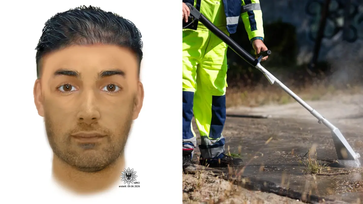 Wer erkennt diesen Mann? Er soll in Lübben als Schädlingsbekämpfer ausgegeben haben. Er nannte sich selbst „Alechandro“ – die Polizei sucht ihn mit diesem Phantombild – links in der Fotocollage. Durch das Vortäuschen einer handwerklichen Tätigkeit als Schädlingsbekämpfer verschaffte er sich Zugang zu einem Haus – Symbolfoto rechts in der Fotocollage.