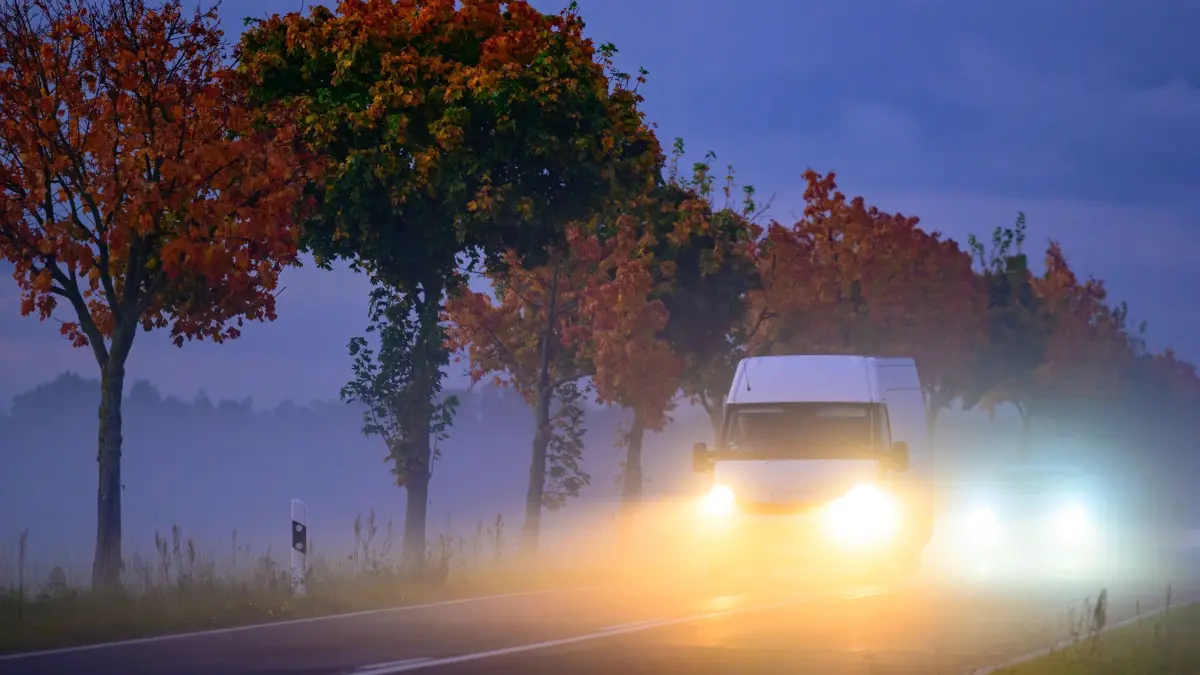 Fahrzeuge sind auf einer Landstraße am Abend im Nebel unterwegs: ARCHIV - Kürzere Tage und herbstliches Wetter verschlechtern die Sicht beim Autofahren. Foto: Patrick Pleul/dpa/dpa-mag - Honorarfrei nur für Bezieher des Dienstes dpa-Magazin +++ dpa-Magazin +++