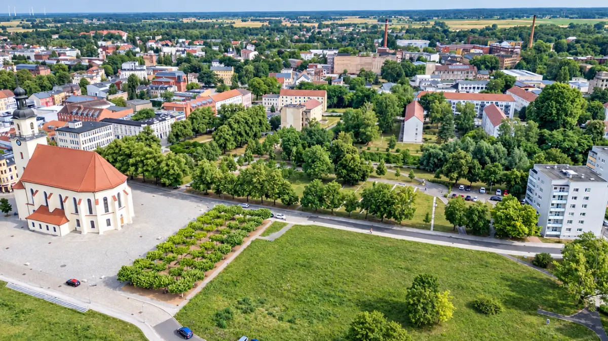 Ein Teil der Grünen Mitte in Forst (Lausitz) aus der Vogelperspektive. Im letzten Bauabschnitt wird jetzt das Areal zwischen Stadtkirche und Mühlgraben gestaltet.