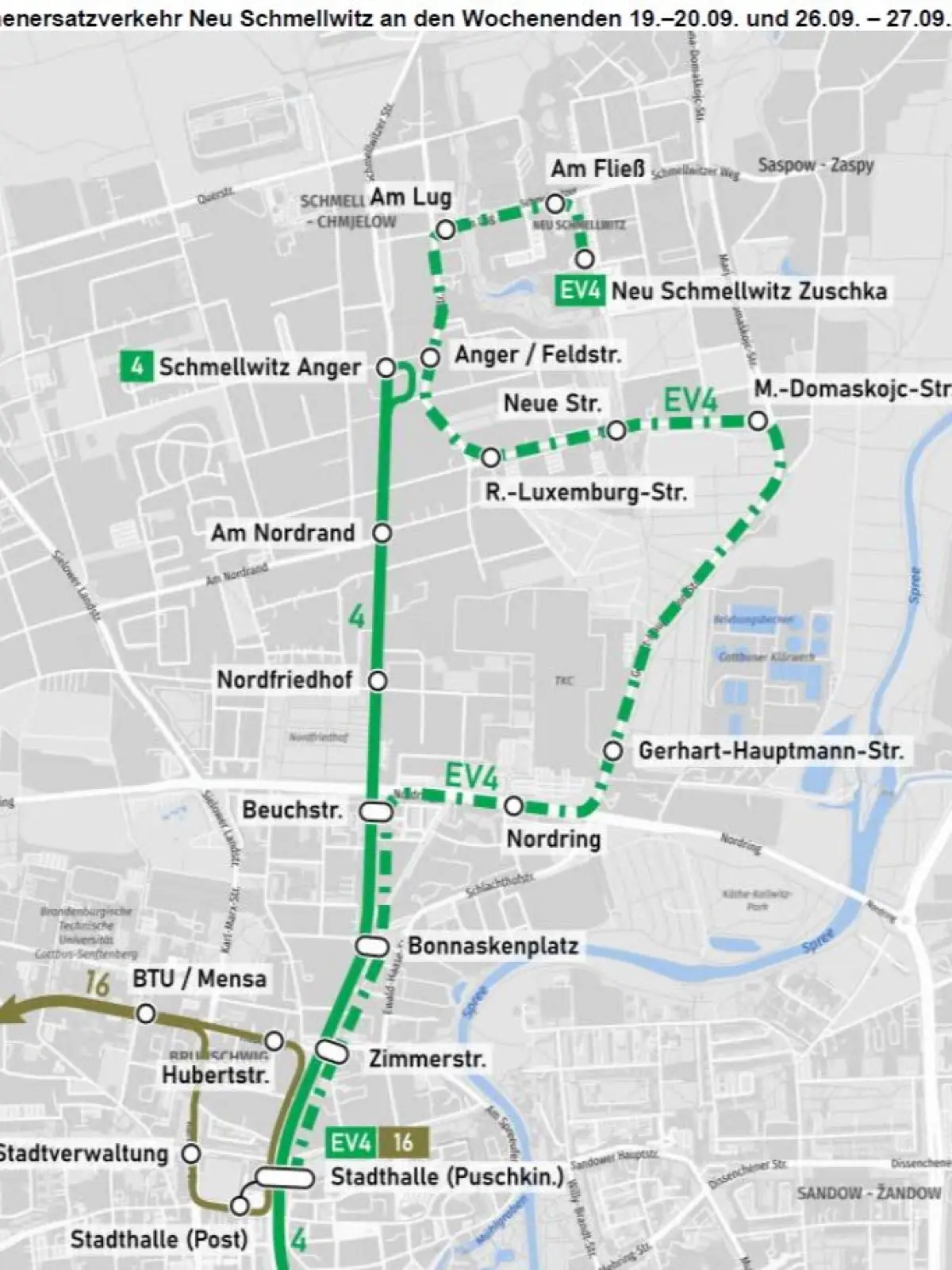 So rollt der Linienverkehr am 19./20 und 26./27. September in Neu Schmellwitz.