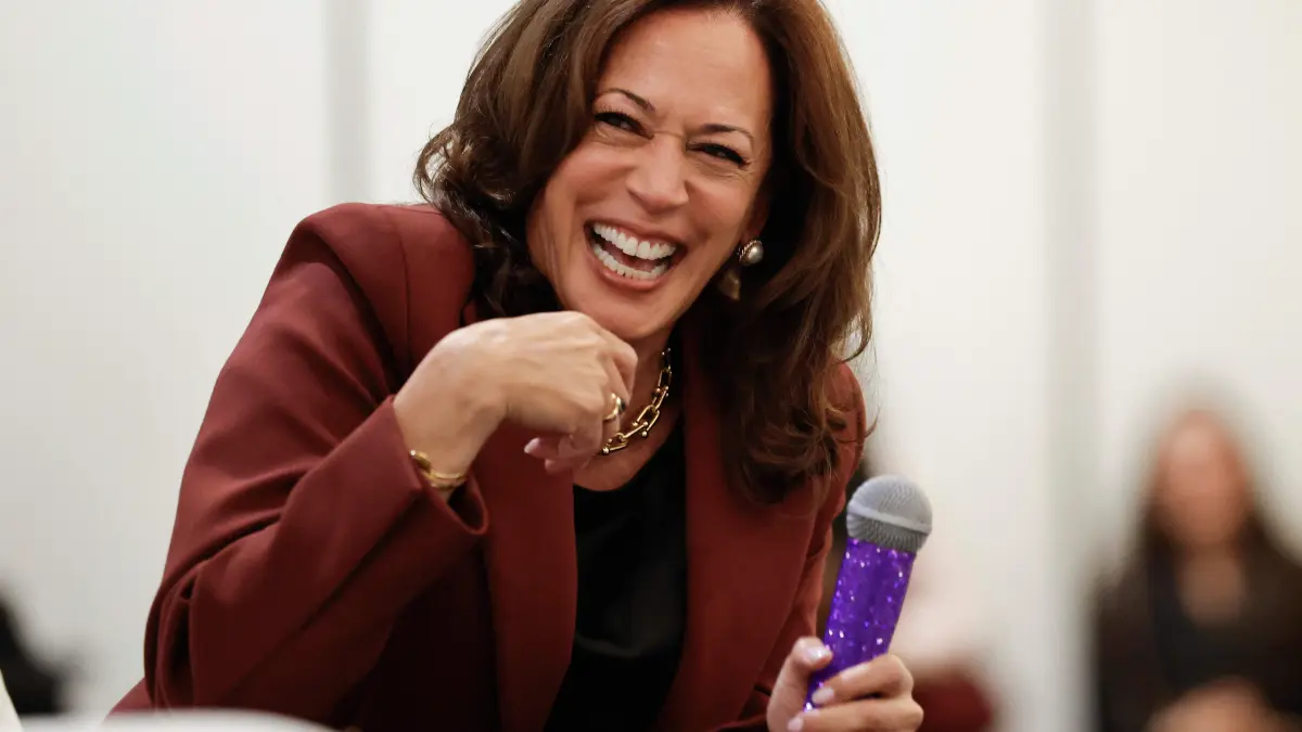 Kamala Harris Speaks At SHE LEADS Conference In Southern California: LOS ANGELES, CALIFORNIA - SEPTEMBER 29: Former U.S. Vice President Kamala Harris laughs while speaking at the third annual SHE LEADS Conference at SLS Hotel on September 29, 2026 in Los Angeles, California. Harris spoke in conversation with Fatima Goss Graves, President and CEO of National Women’s Law Center, at the event. Mario Tama/Getty Images/AFP (Photo by MARIO TAMA / GETTY IMAGES NORTH AMERICA / Getty Images via AFP)