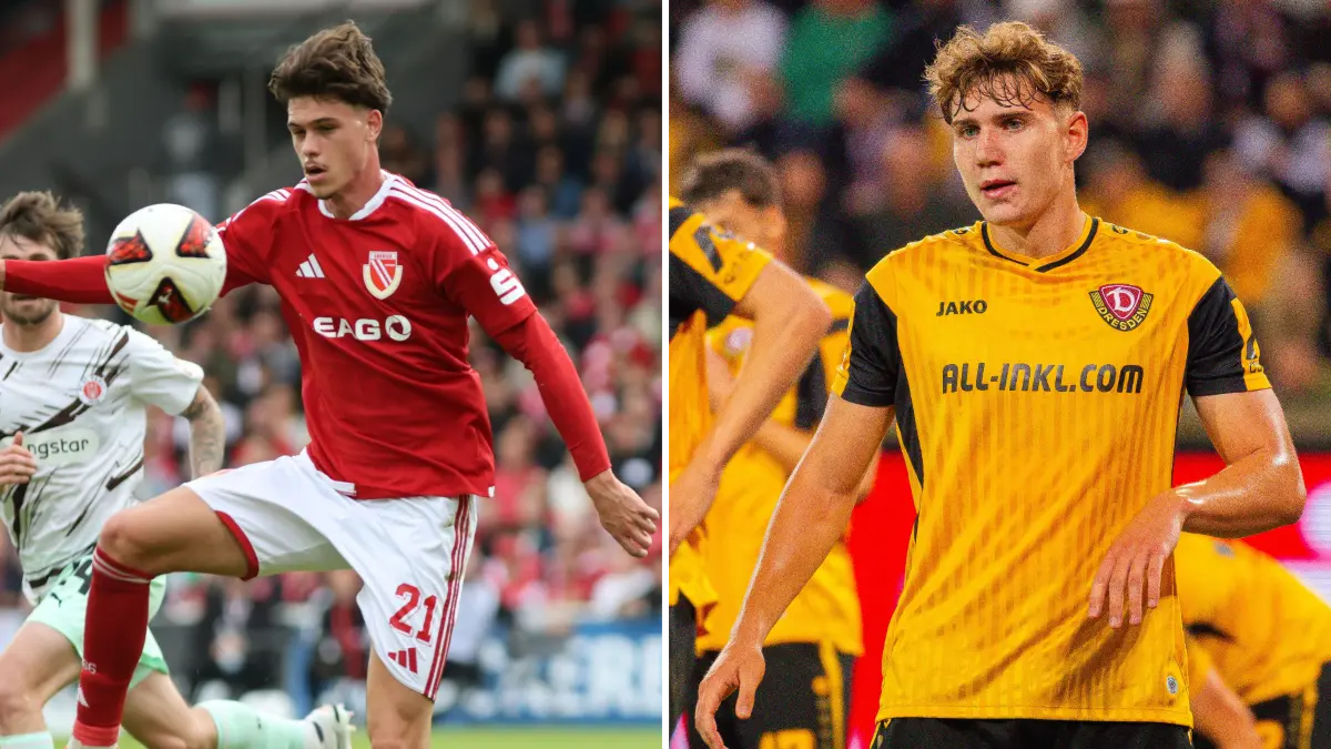 Luca Erlein von Energie Cottbus verteidigt aktuell gemeinsam mit SGD-Talent Friedrich Müller im Trikot der deutschen U20-Nationalmannschaft.