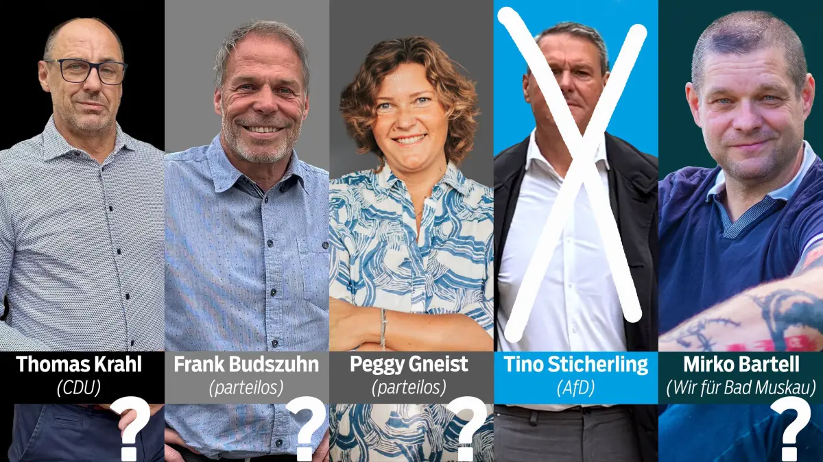 Zur Stichwahl: Die fünf Kandidaten für die Bürgermeisterwahl 2026 in Bad Muskau stehen fest (v.l.): Amtsinhaber Thomas Krahl (CDU), Frank Budszuhn (parteilos), Peggy Gneist (parteilos), Tino Sticherling (AfD- nicht mehr dabei), Mirko Bartell (Wir für Bad Muskau)