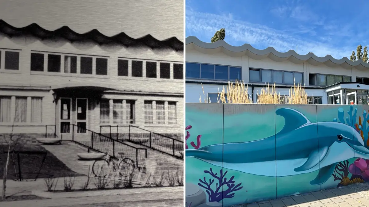 Das Delphinbad in der Neustadt von Lübbenau wurde vor 50 Jahren eröffnet. Links: eine Aufnahme des Schwimmhalleneingangs von 1976 (Ausschnitt), rechts: ein Foto aus dem Jahr 2026.