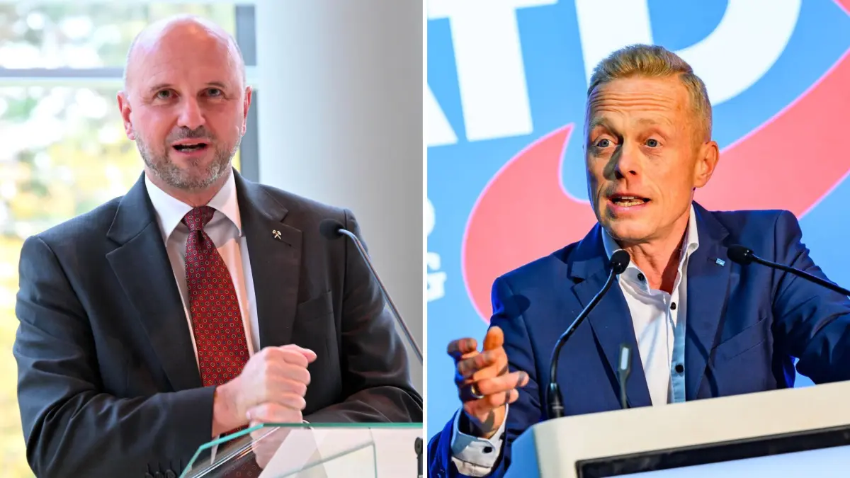 Liefern sich einen verbalen Schlagabtausch zum Thema Meinungsfreiheit: Leag-Personalvorstand Jörg Waniek (l.) und der Cottbuser AfD-Politiker Lars Schieske (r.). Die Leag hatte zuvor einem Mitarbeiter wegen NS-verherrlichenden Videos gekündigt.