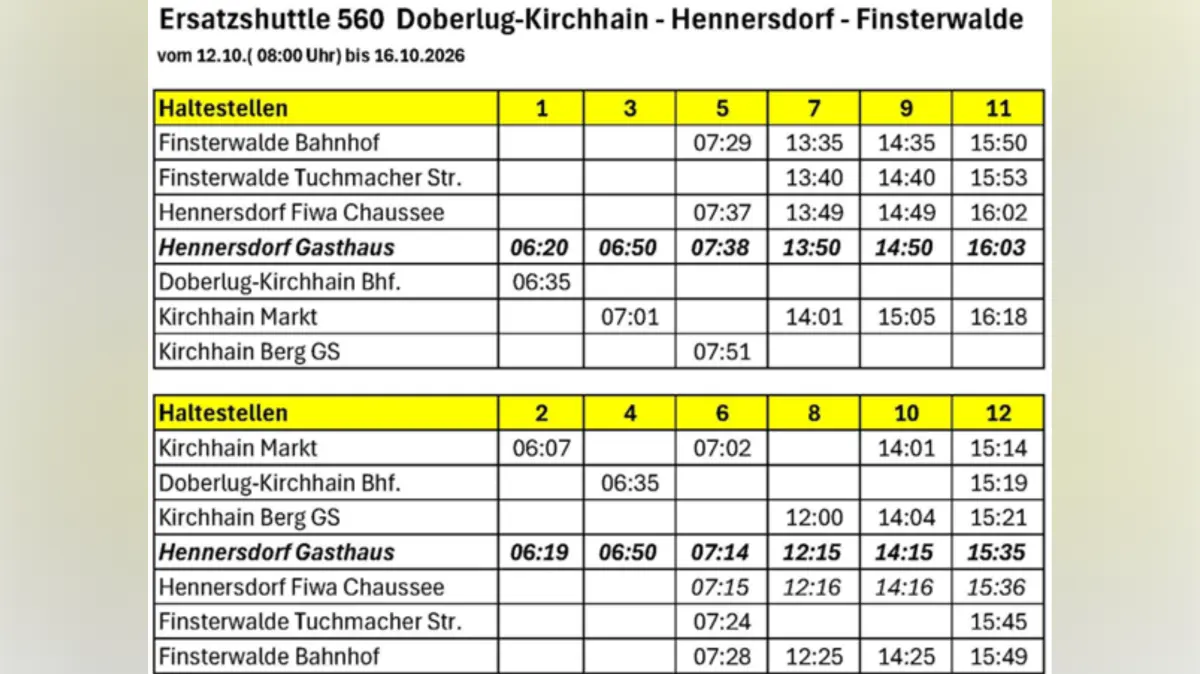 Der Ersatzshuttle 560 fährt in der Zeit vom 12. bis 16. Oktober 2026.