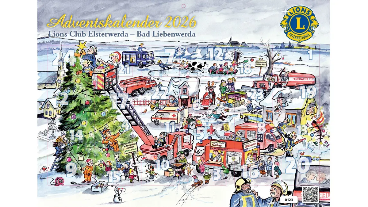Der Lions-Adventskalender widmet sich auf seinem, erneut von Jens Thiere aus Maasdorf gezeichneten Titelbild mit einem Augenzwinkern den Blaulicht-Organisatoren. In diesem Jahr soll der Erlös erneut den "stillen Helfern" dienen.