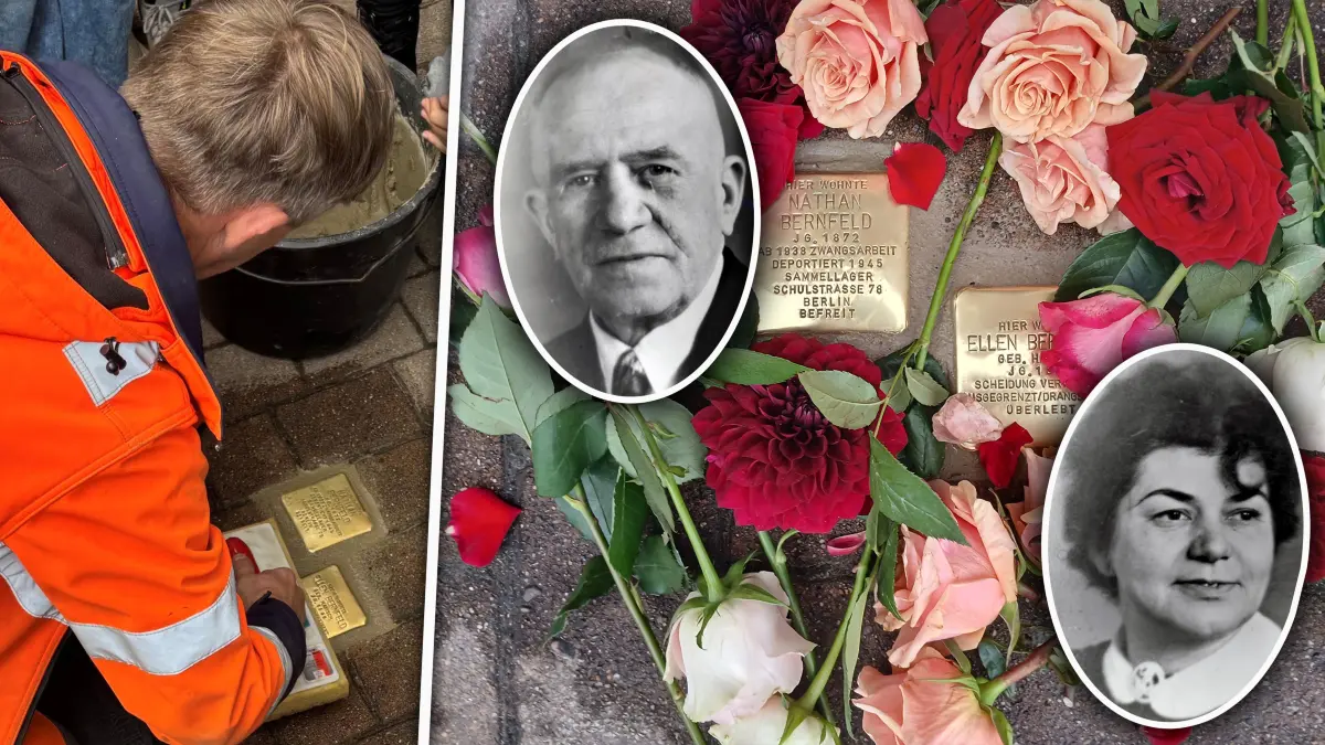 Fotomontage Stolpersteinverlegung Nathan und Ellen Bernfeld